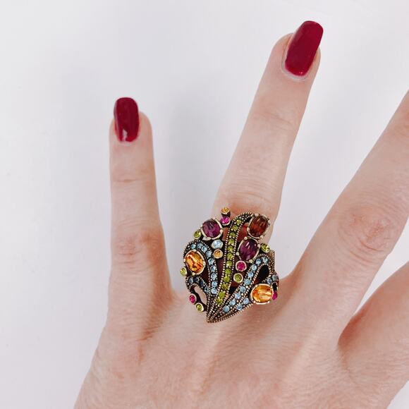 Signed Heidi Daus Swarovski Crystal Colorful Gold Tone Cocktail Ring Size 6.75 - Picture 4 of 10